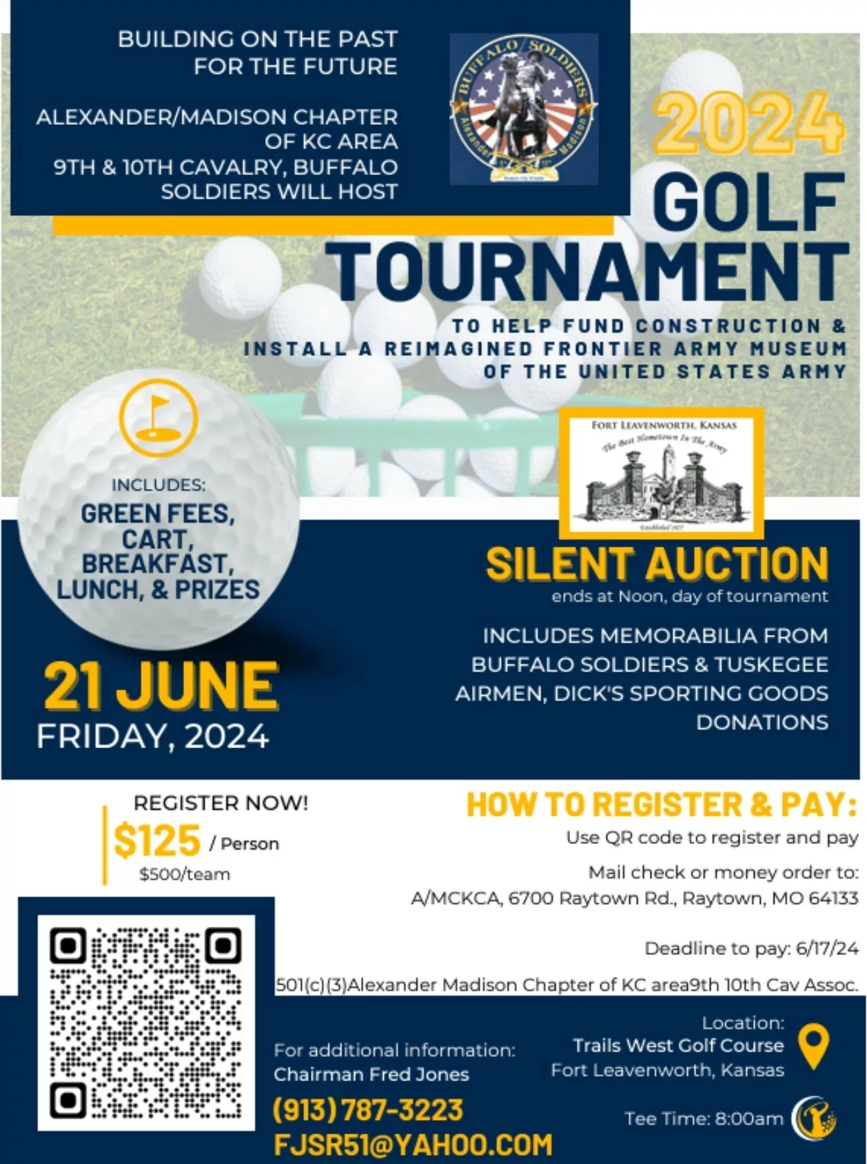 Flyer for Alexander_Madison Chapter, 9th & 10th (Horse) Cavalry, Greater Kansas City Area Buffalo Soldiers, 2024 Golf Tournament & Silent Auction
